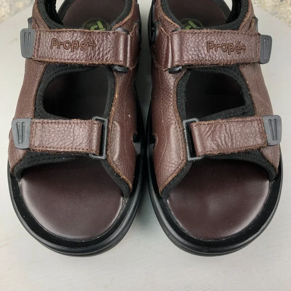 Propet Men's Size 10X (3E) Surfwalker Brown Leather Open Toe Hook & Loop Sandals